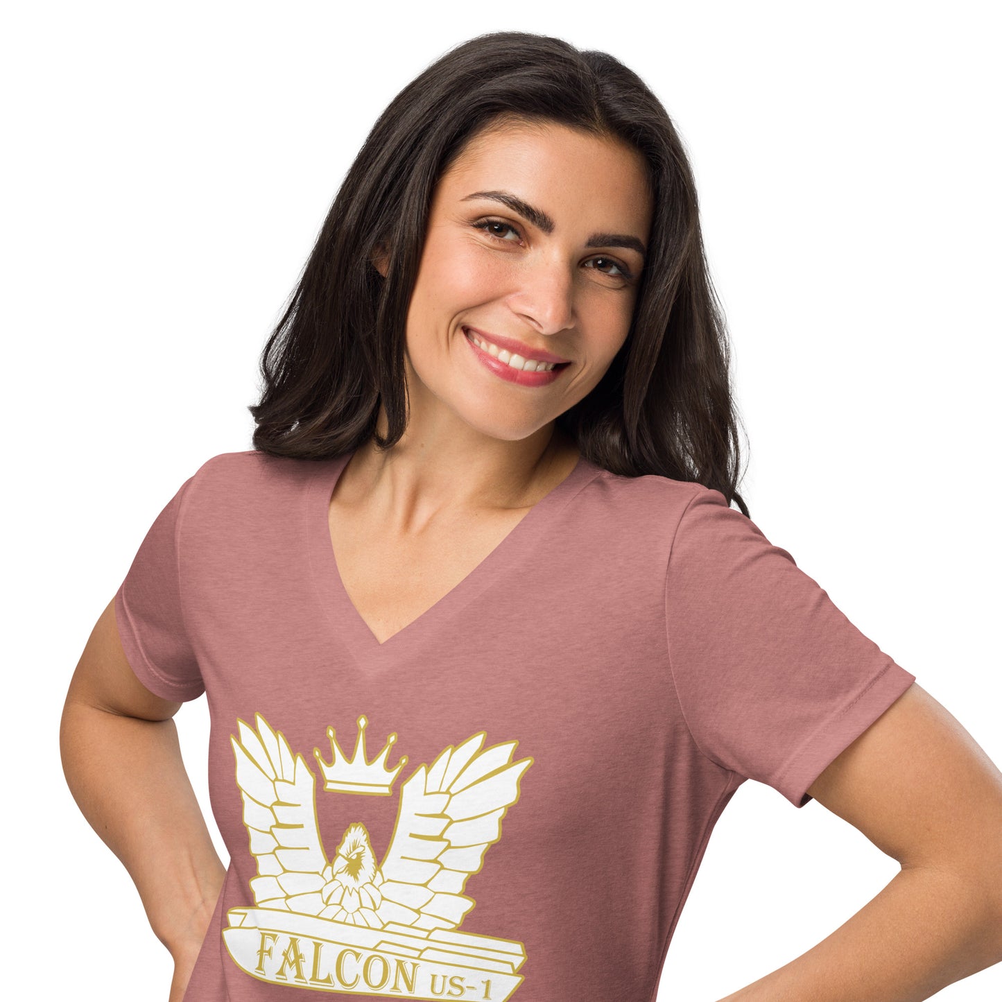 Women’s relaxed v-neck t-shirt-White\Gold Falcon US-1 Logo