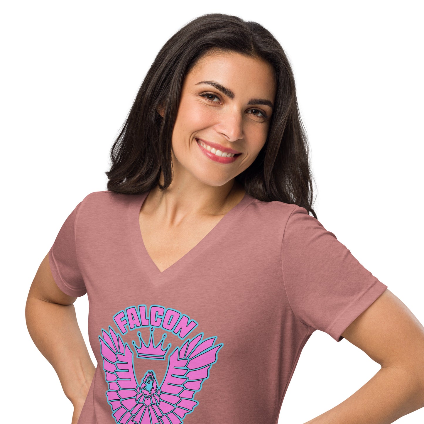 Women’s relaxed v-neck t-shirt- Retro Pink Falcon US-1 Logo