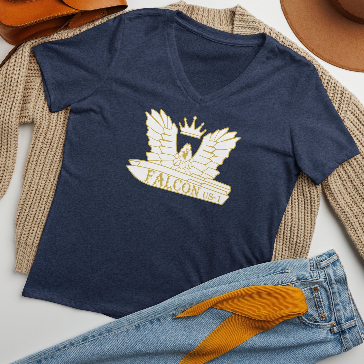 Women’s relaxed v-neck t-shirt-White\Gold Falcon US-1 Logo