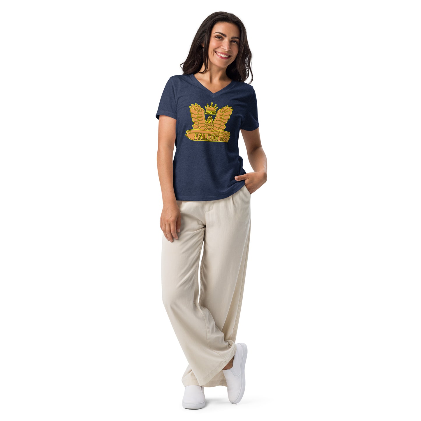 Women’s relaxed v-neck t-shirt - Gold Falcon US-1 Logo
