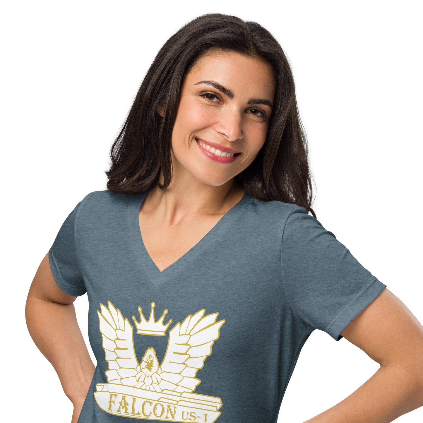 Women’s relaxed v-neck t-shirt-White\Gold Falcon US-1 Logo