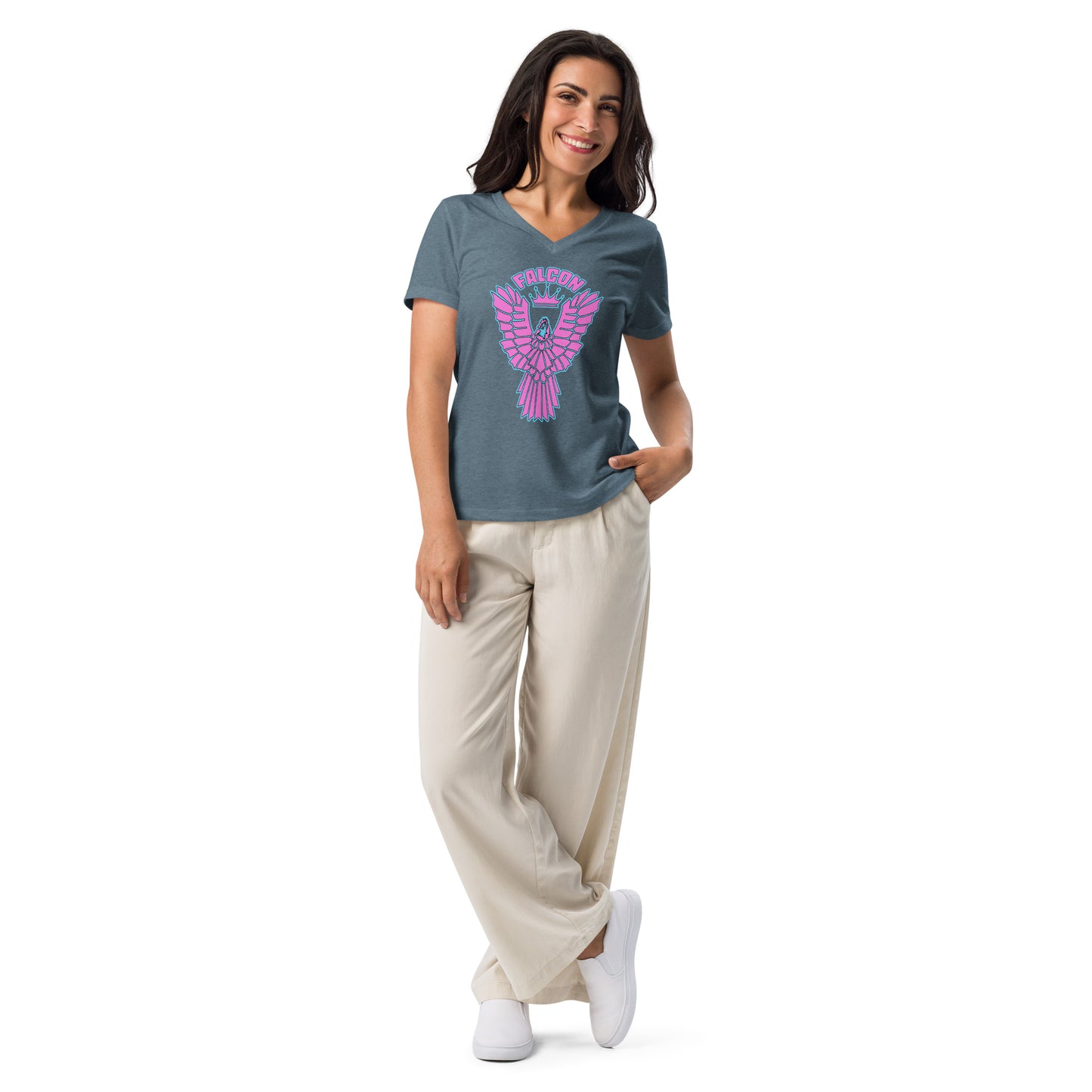Women’s relaxed v-neck t-shirt- Retro Pink Falcon US-1 Logo