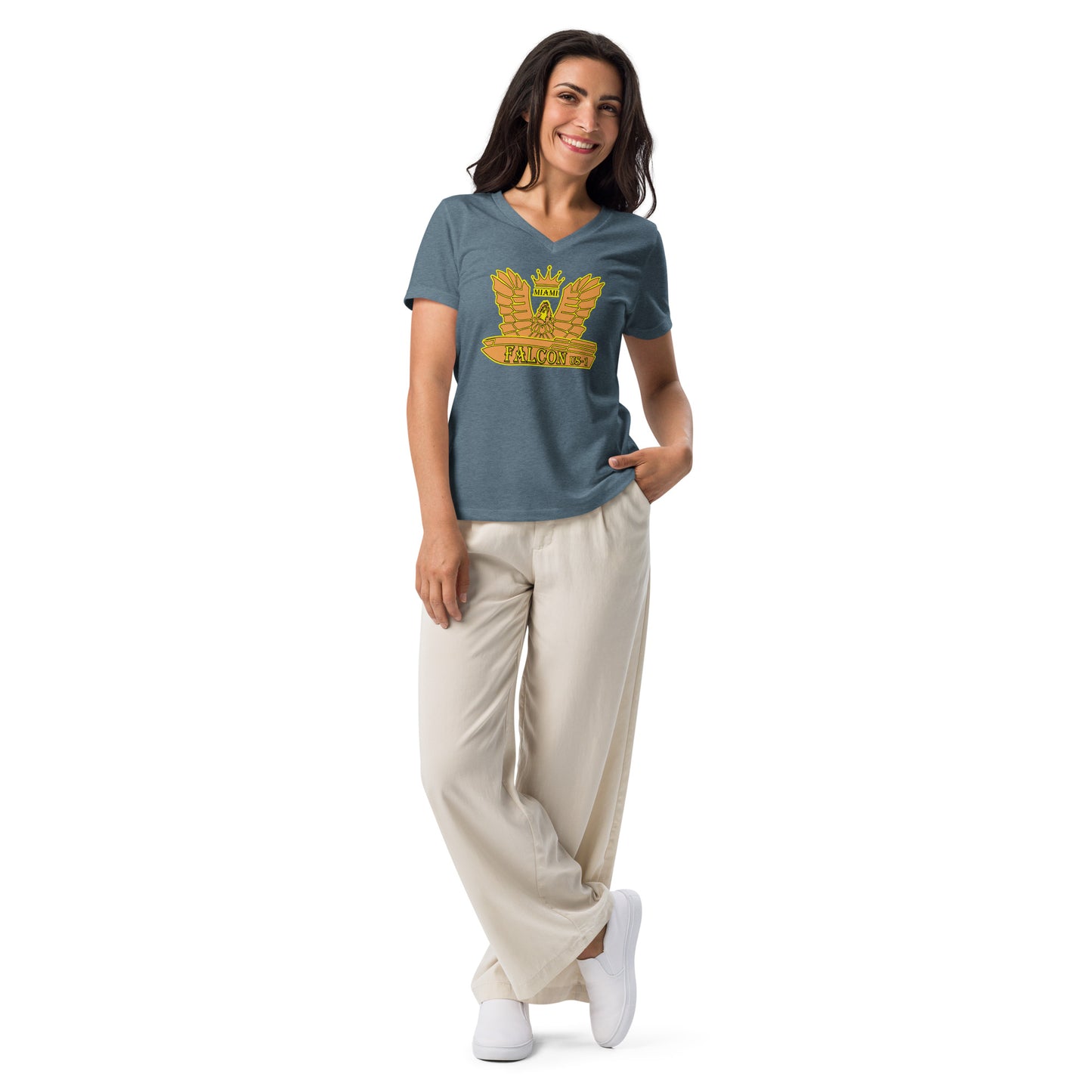 Women’s relaxed v-neck t-shirt - Gold Falcon US-1 Logo
