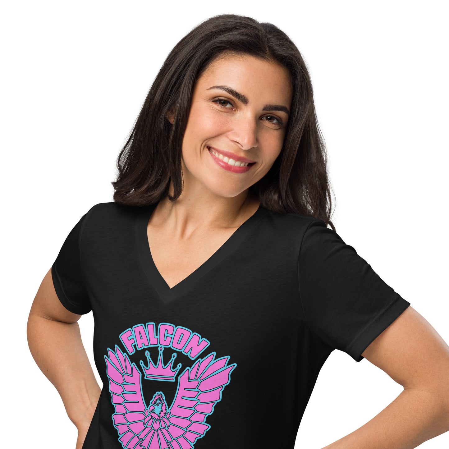 Women’s relaxed v-neck t-shirt- Retro Pink Falcon US-1 Logo