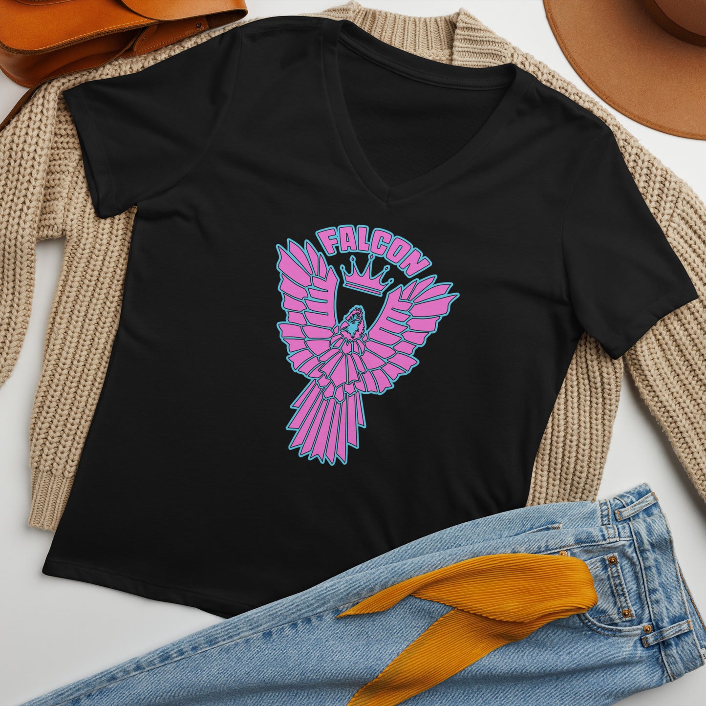 Women’s relaxed v-neck t-shirt- Retro Pink Falcon US-1 Logo