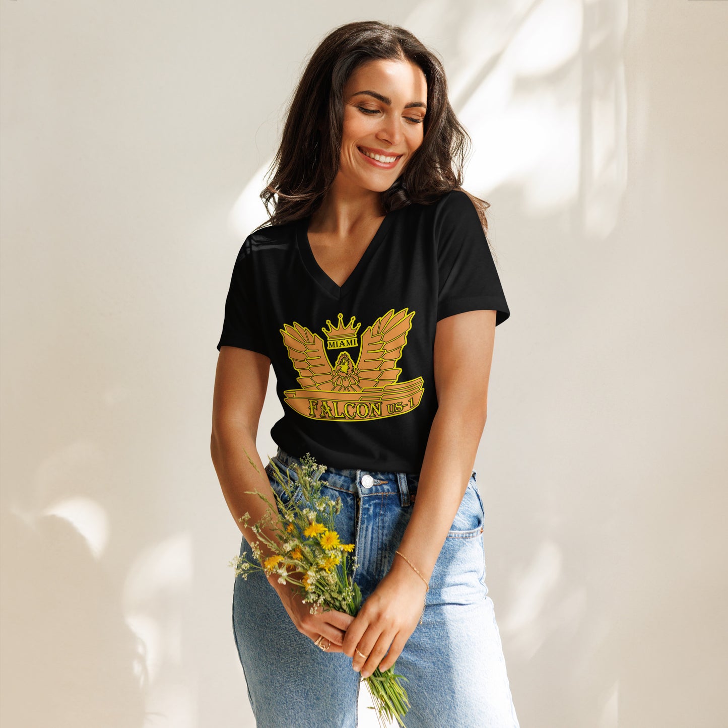 Women’s relaxed v-neck t-shirt - Gold Falcon US-1 Logo