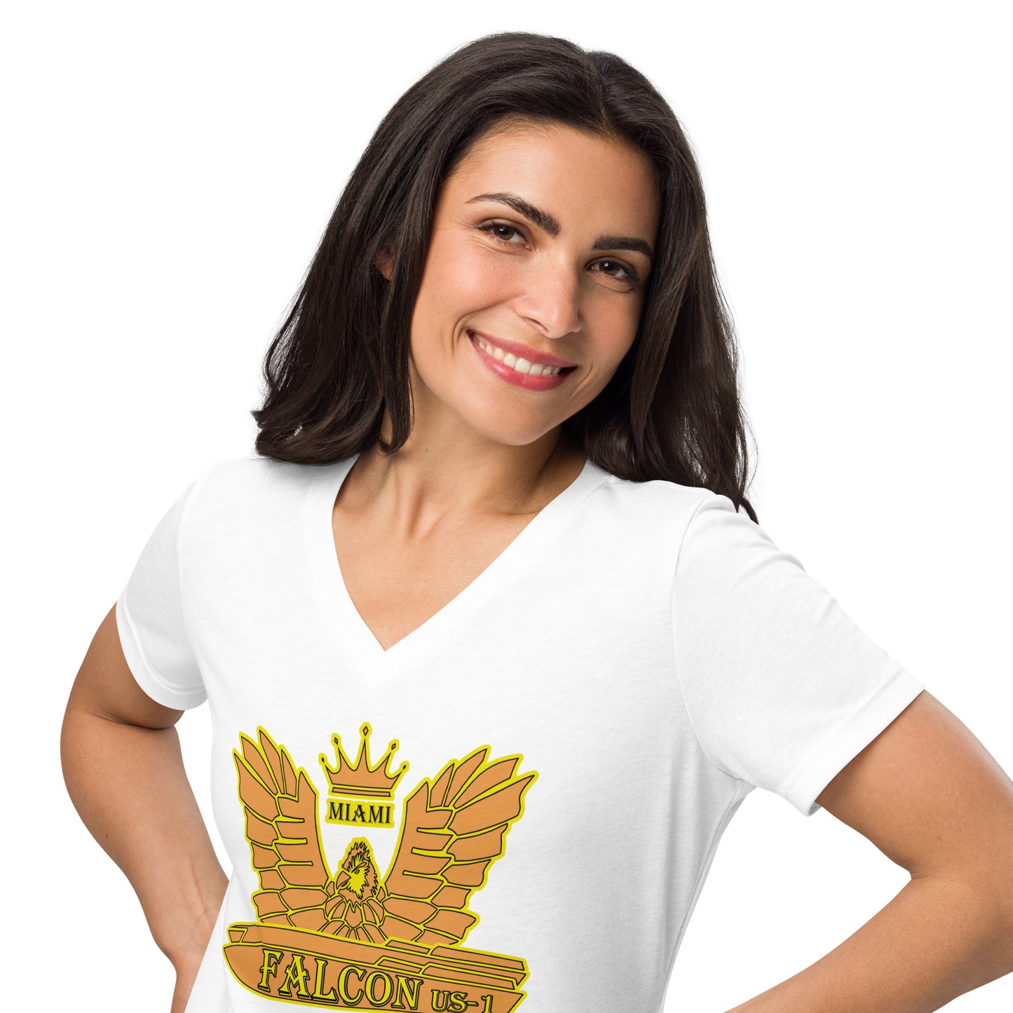 Women’s relaxed v-neck t-shirt - Gold Falcon US-1 Logo