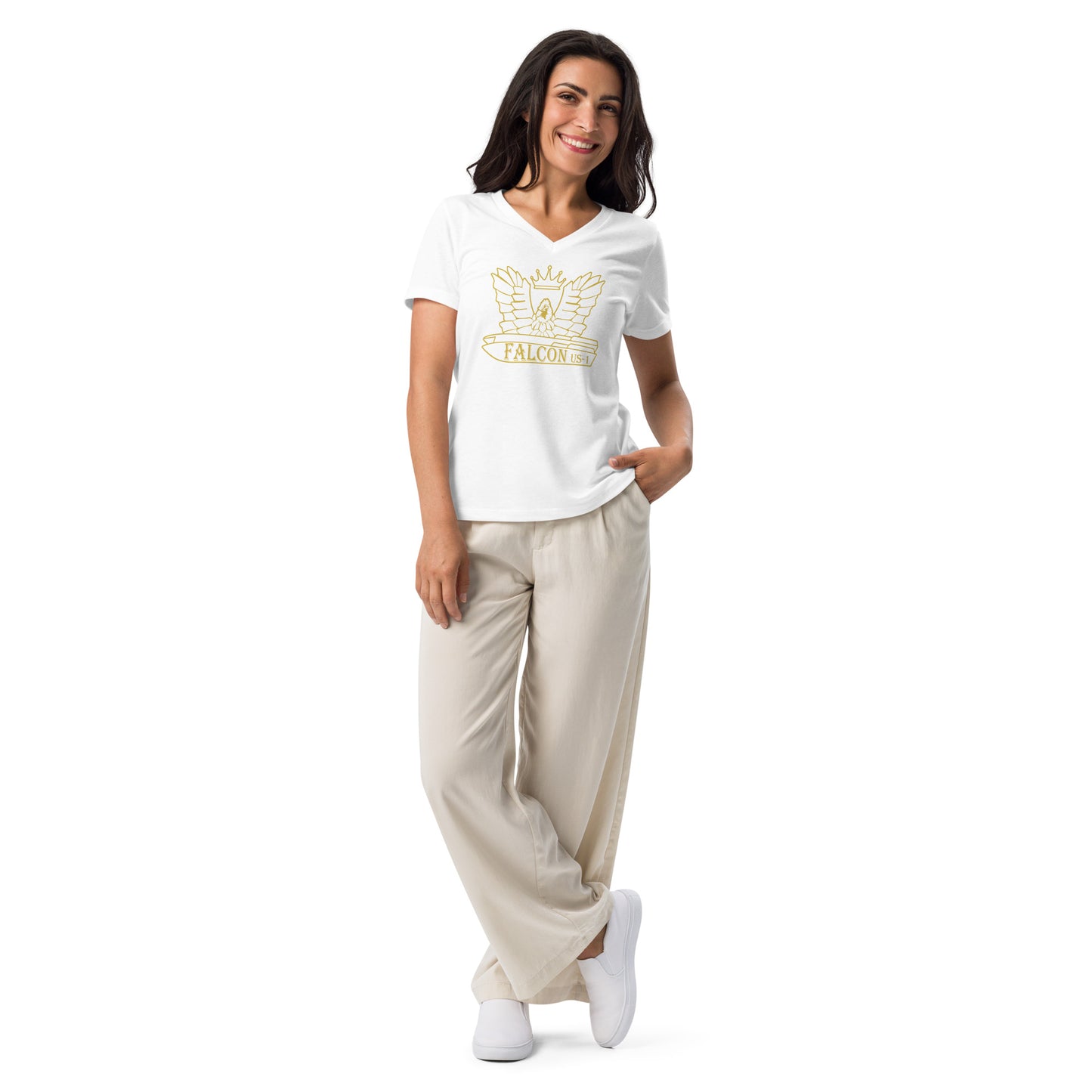Women’s relaxed v-neck t-shirt-White\Gold Falcon US-1 Logo