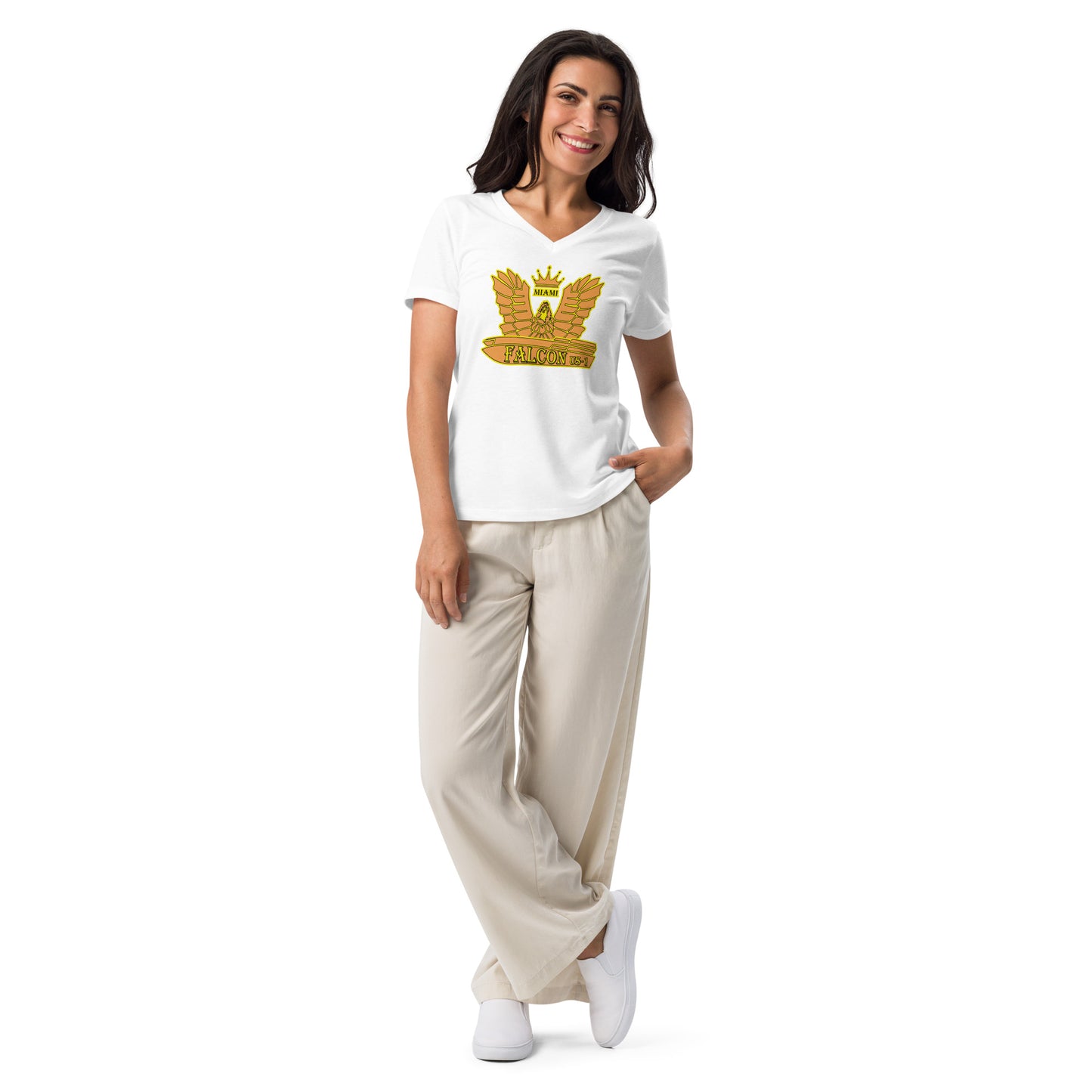 Women’s relaxed v-neck t-shirt - Gold Falcon US-1 Logo